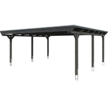 Carport autoportant en bois foncé avec toit plat et supports de poteaux en métal.