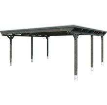 Carport en bois avec toit plat et six poteaux, gris foncé.