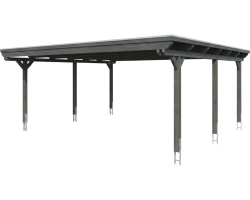 Carport en bois avec toit plat et six poteaux, gris foncé.