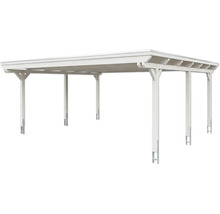 Carport en bois blanc avec toit plat et six poteaux de soutien.