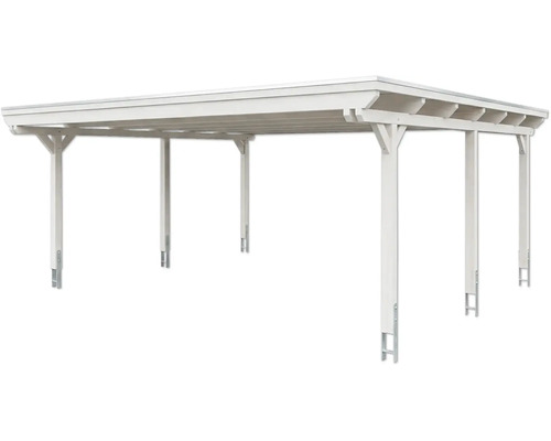 Carport en bois blanc avec toit plat et six poteaux de soutien.