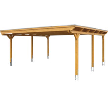 Carport double en bois avec toit plat et six poteaux avec ancrages métalliques.