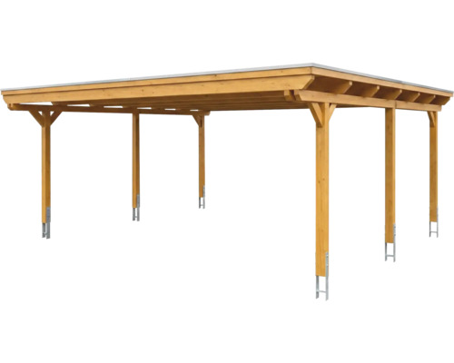 Carport double en bois avec toit plat et six poteaux avec ancrages métalliques.