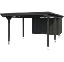Carport en bois avec toit plat et remise intégrée.