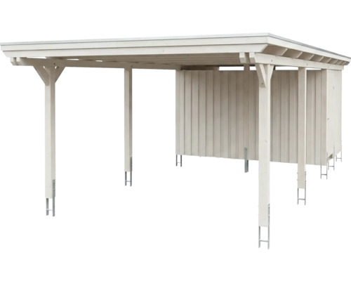 Carport simple en bois avec remise intégrée et toit plat.