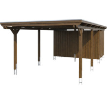 Carport en bois avec toit plat, paroi arrière et espace de rangement intégré, monté sur des supports de poteaux métalliques.