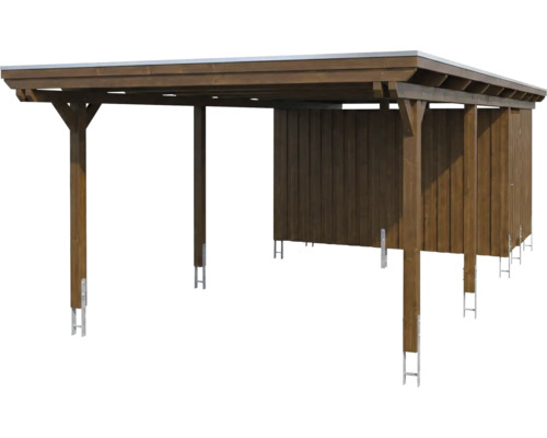 Carport en bois avec toit plat, paroi arrière et espace de rangement intégré, monté sur des supports de poteaux métalliques.