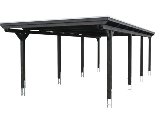 Double abri de voiture en bois foncé avec toit plat et six poteaux dotés d'ancrages en métal.