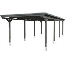 Double carport en bois anthracite avec toit plat et ancrages de poteaux.