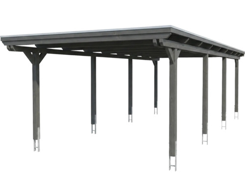 Double carport en bois anthracite avec toit plat et ancrages de poteaux.