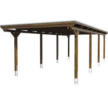 Carport double en bois avec toit plat et ancrages de poteaux.