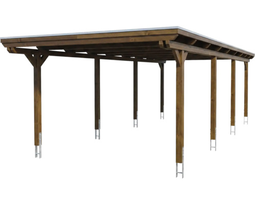 Carport double en bois avec toit plat et ancrages de poteaux.