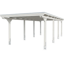 Carport double en bois blanc avec toit plat et supports de poteaux.