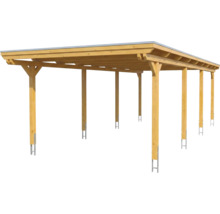 Carport en bois avec toit plat et six poteaux sur ancres métalliques.