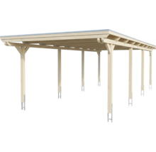 Carport double en bois avec toit plat et poteaux avec ancres en H.