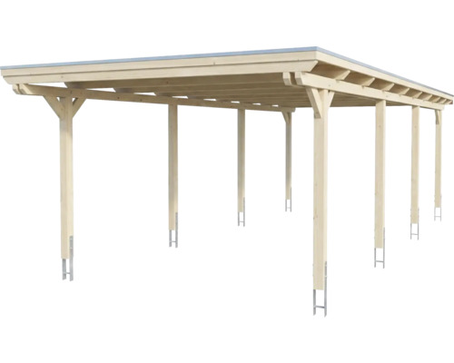Carport double en bois avec toit plat et poteaux avec ancres en H.