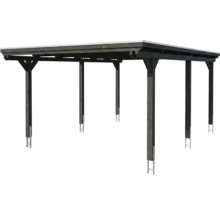 Carport en bois foncé avec toit plat et six poteaux munis d'ancrages en H.