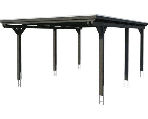 Carport en bois foncé avec toit plat et six poteaux munis d'ancrages en H.
