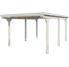 Carport autoportant en bois clair avec toit plat et six poteaux avec ancrages au sol.