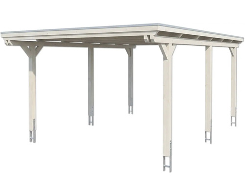 Carport autoportant en bois clair avec toit plat et six poteaux avec ancrages au sol.