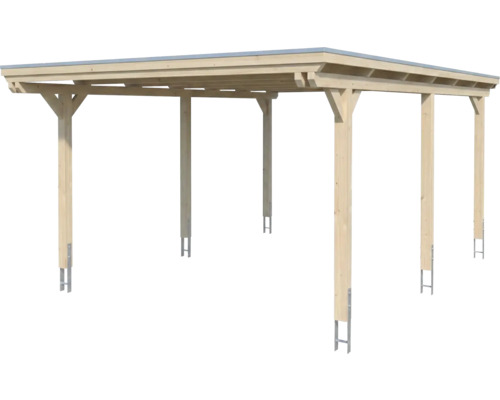 Carport en bois avec toit plat et six poteaux comprenant des ancres en H pour la fixation au sol.