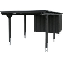 Carport en bois gris anthracite avec remise intégrée, toit plat et ancrages de poteaux en métal.