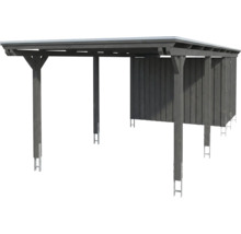 Carport en bois avec remise intégrée, toit en appentis et ancrages de poteaux, gris foncé.