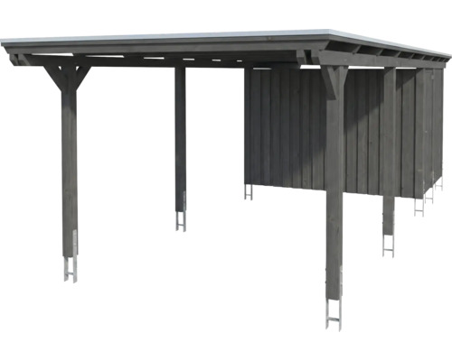 Carport en bois avec remise intégrée, toit en appentis et ancrages de poteaux, gris foncé.