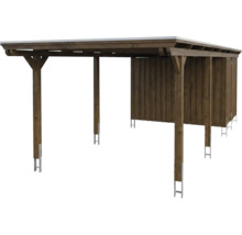 Carport en bois avec remise intégrée, toit en appentis et ancres de poteau en métal.