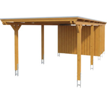 Carport simple en bois avec remise intégrée, toit plat et ancres de poteau.