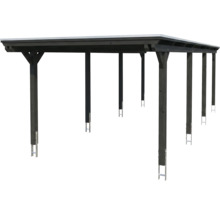 Grosses Carport aus dunklem Holz mit Flachdach und stabilen Pfosten inklusive Metallankern.