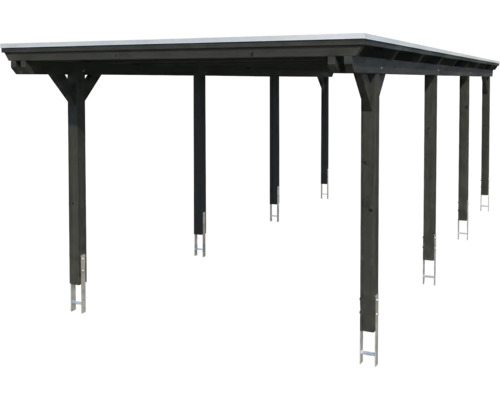Grosses Carport aus dunklem Holz mit Flachdach und stabilen Pfosten inklusive Metallankern.