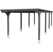 Carport double en bois avec toit plat et six poteaux avec ancrages métalliques.