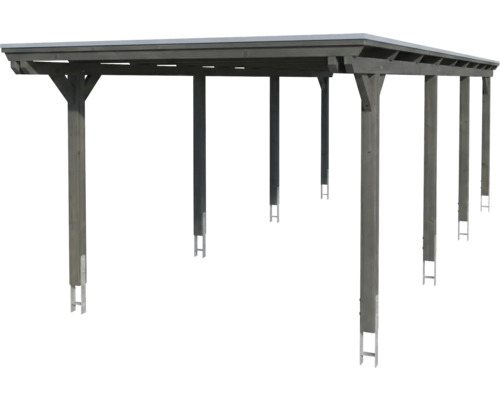 Carport double en bois avec toit plat et six poteaux avec ancrages métalliques.