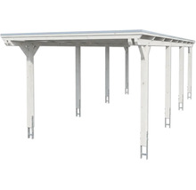 Carport double en bois blanc avec ancrages en H et toit plat.
