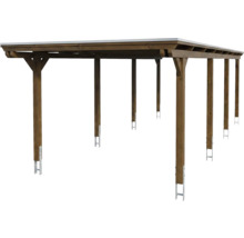 Carport en bois avec toit plat et ancrages de poteaux en métal.