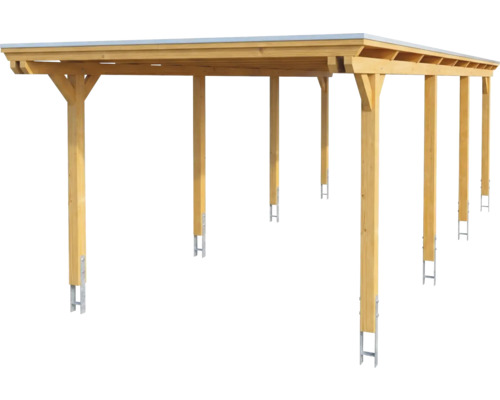 Carport double en bois avec toit plat et six poteaux, y compris des ancres métalliques.