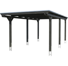 Abri de voiture en bois foncé avec toit plat et six poteaux.