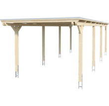 Carport en bois avec toit plat et ancrages de poteaux en métal.