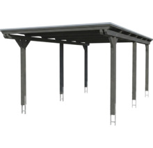 Carport en bois avec toit plat et six poteaux en gris anthracite.