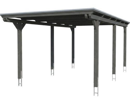 Carport en bois avec toit plat et six poteaux en gris anthracite.