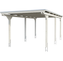 Carport simple en bois blanc avec toit plat et ancrages de poteaux.