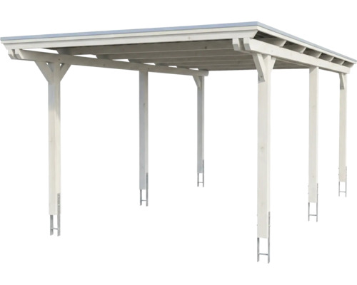 Carport simple en bois blanc avec toit plat et ancrages de poteaux.