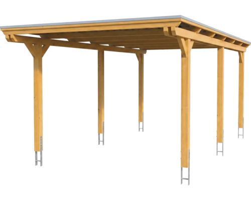 Carport en bois avec toit plat et six poteaux comprenant des ancres métalliques.