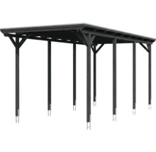 Carport en bois anthracite avec toit plat et poteaux avec ancrages métalliques.
