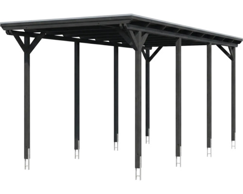 Carport en bois anthracite avec toit plat et poteaux avec ancrages métalliques.