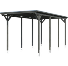 Carport en bois avec toit plat et construction sur poteaux avec supports métalliques.