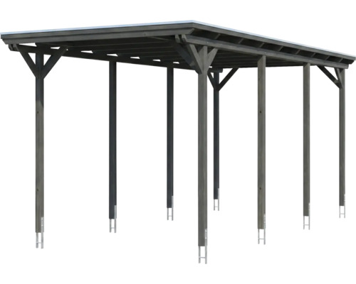 Carport en bois avec toit plat et construction sur poteaux avec supports métalliques.