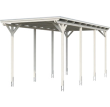 Carport en bois blanc avec toit plat et six poteaux avec ancrages en H.