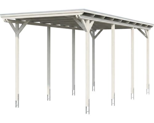 Carport en bois blanc avec toit plat et six poteaux avec ancrages en H.
